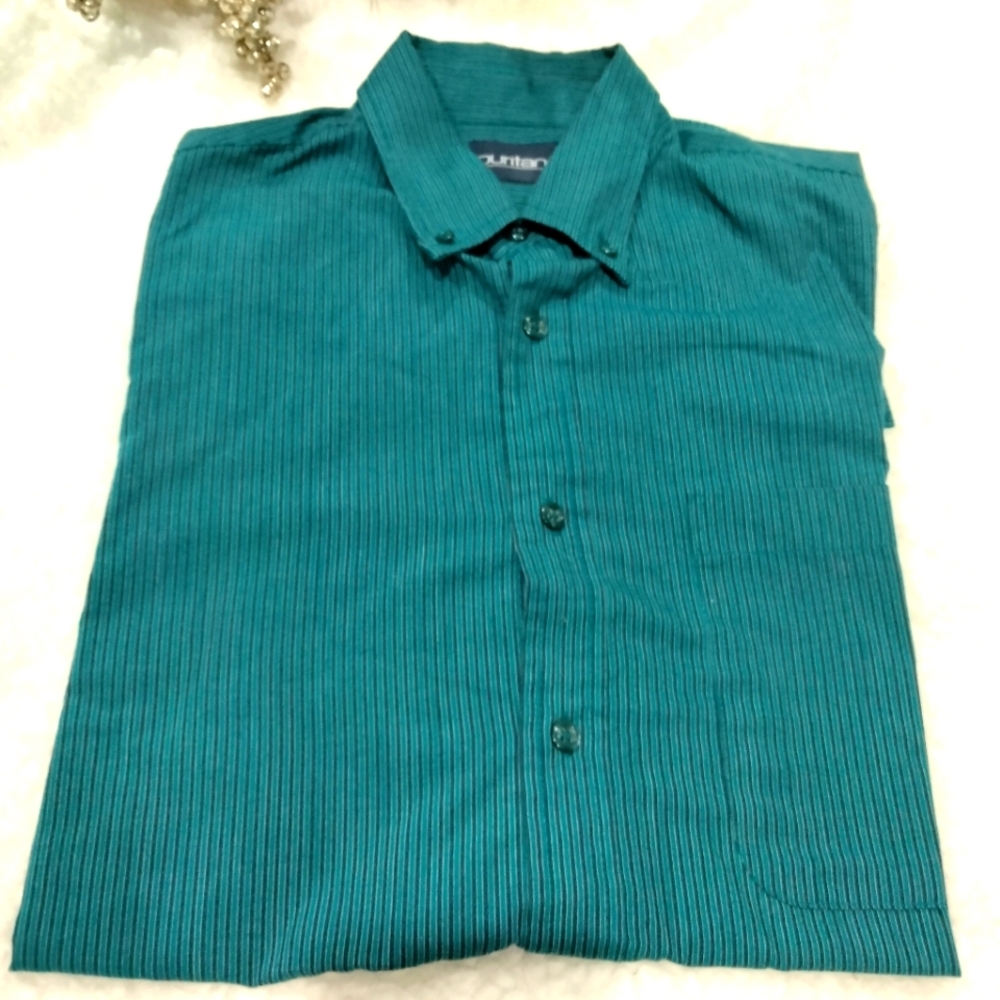 Puritan Teal Striped Men's Short Sleeve Collared Dress Shirt